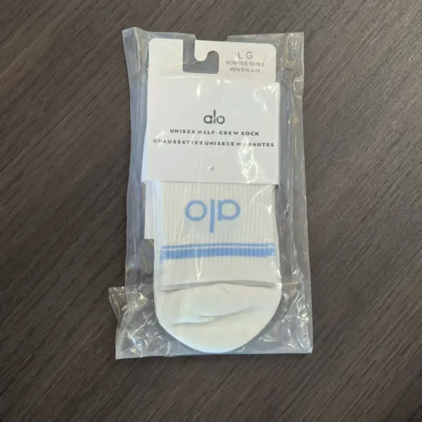 Alo Unisex Half-Crew Sock White with Light Blue Logo and Stripes - 1