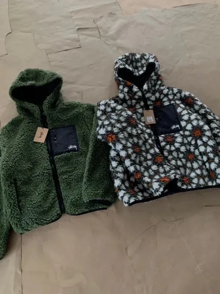 Stussy Fleece Sherpa Hooded Jacket Olive Green Outerwear - 11