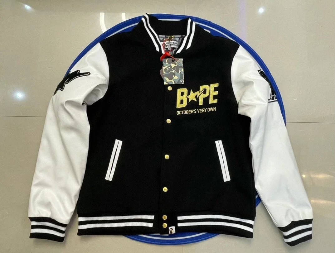 A Bathing Ape Owl Varsity Jacket Black and Beige Outerwear - 4