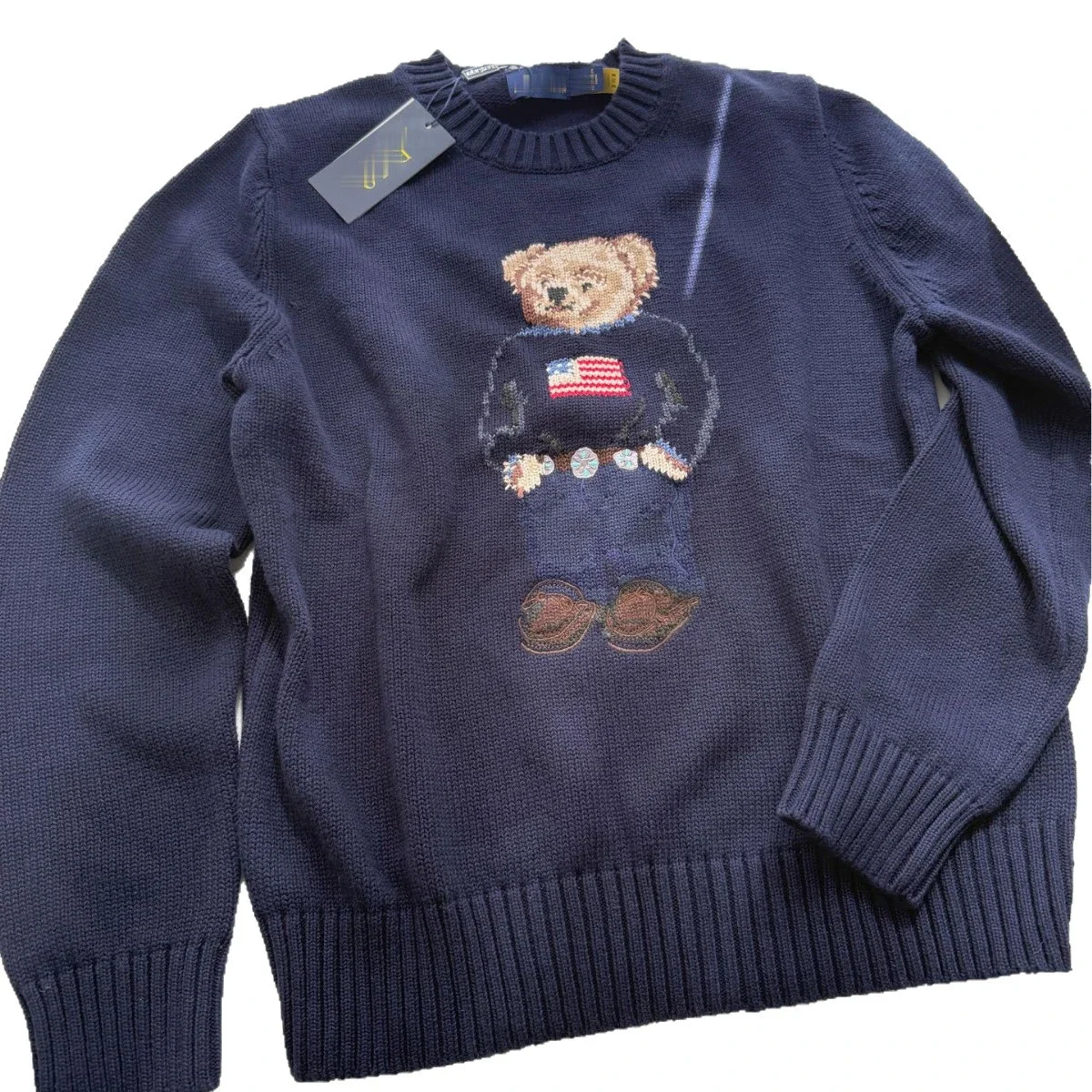 Bear's new autumn and winter pure cotton heavy embroidery cartoon round neck knitted sweater