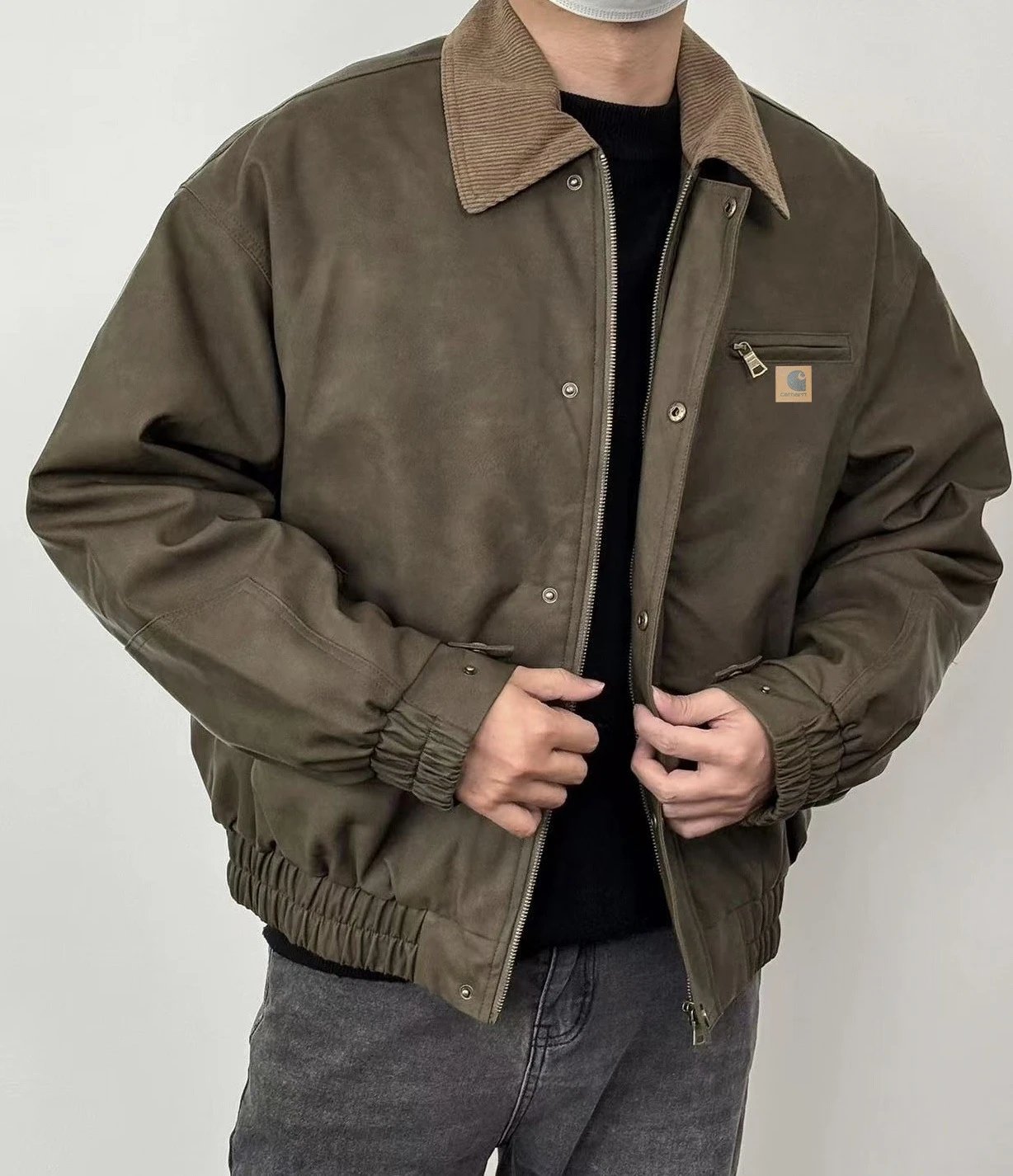 Carhartt Work In Progress Leather Jacket Olive Brown Corduroy Collar - 4