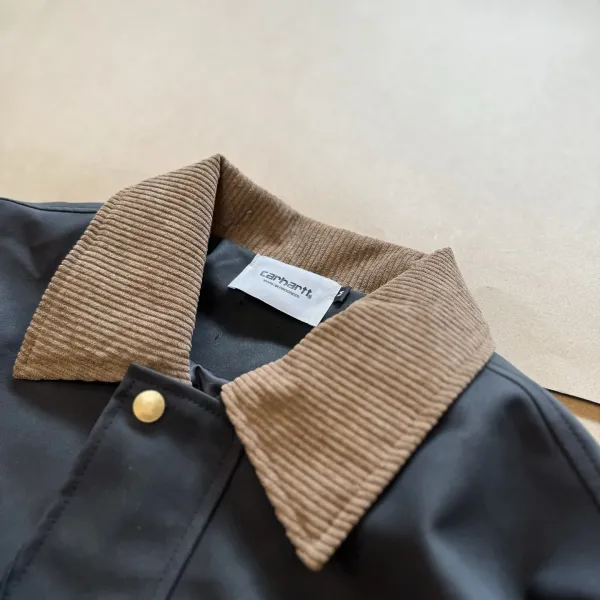 Carhartt Work In Progress Leather Jacket Olive Brown Corduroy Collar - 12