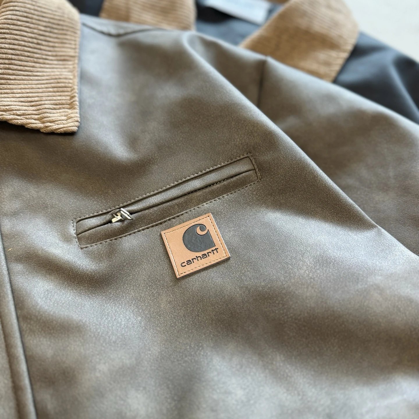 Carhartt Work In Progress Leather Jacket Olive Brown Corduroy Collar - 26