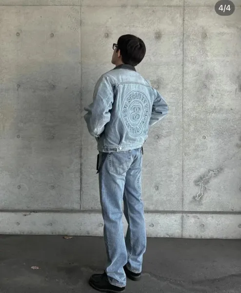 Stussy x Levi's Denim Jacket with Wool Lining and 8-Ball Graphic Gray Striped Outerwear - 3