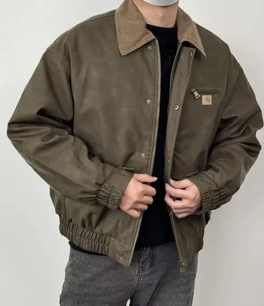 Carhartt Work In Progress Leather Jacket Olive Brown Corduroy Collar - 23