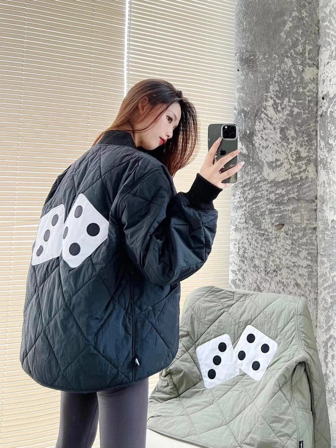 Design Dice Print Quilted Two-Tone Bomber Jacket Outerwear Jacket - 11