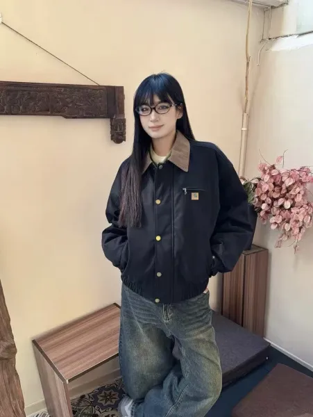 Carhartt Work In Progress Leather Jacket Olive Brown Corduroy Collar - 5
