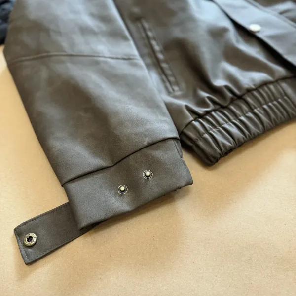 Carhartt Work In Progress Leather Jacket Olive Brown Corduroy Collar - 27
