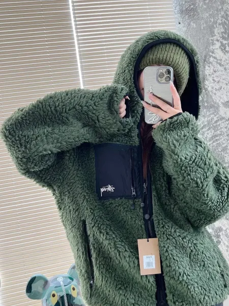 Stussy Fleece Sherpa Hooded Jacket Olive Green Outerwear - 10