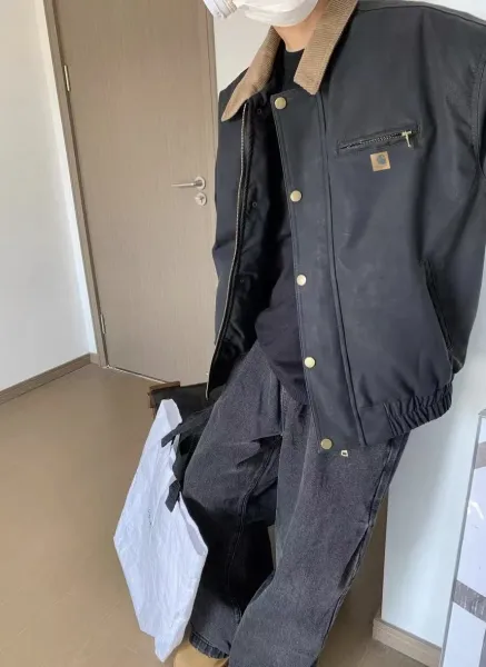 Carhartt Work In Progress Leather Jacket Olive Brown Corduroy Collar - 3