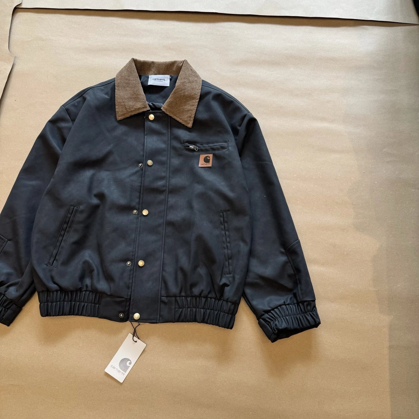 Carhartt Work In Progress Leather Jacket Olive Brown Corduroy Collar - 18