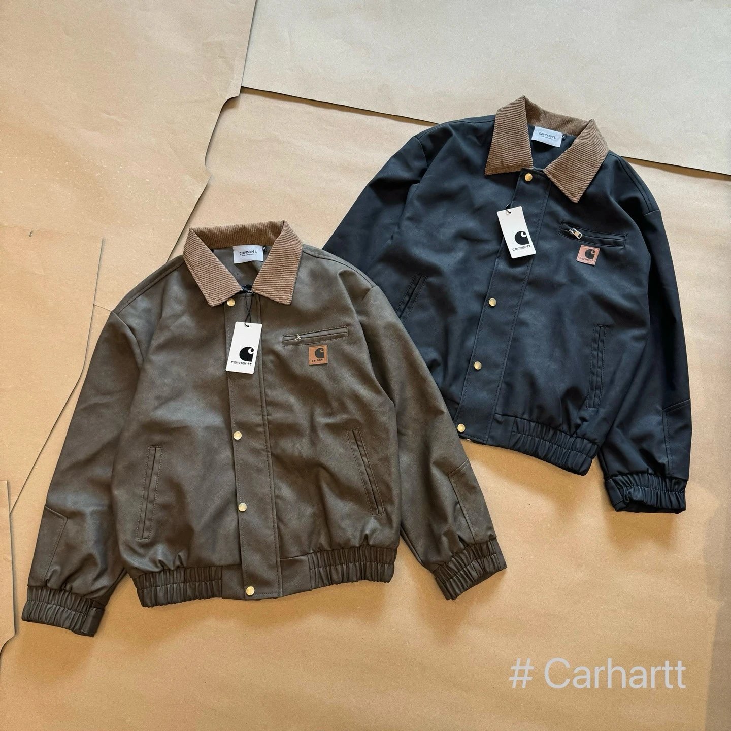 Carhartt Work In Progress Leather Jacket Olive Brown Corduroy Collar - 25