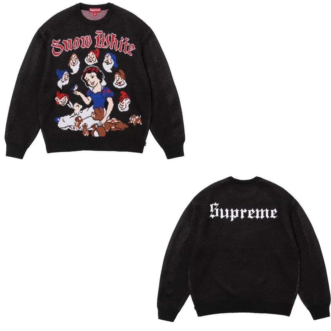 Supreme Hoodies & Sweatshirts City Name Graphic Crewneck Sweatshirt — M002 Black (Snow White Sweater)