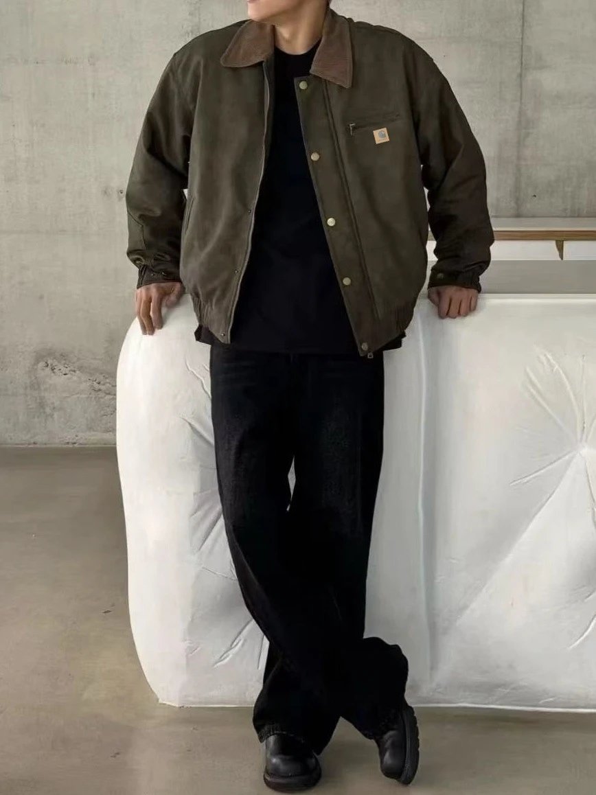 Carhartt Work In Progress Leather Jacket Olive Brown Corduroy Collar - 10