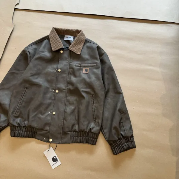Carhartt Work In Progress Leather Jacket Olive Brown Corduroy Collar - 17