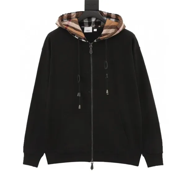 Burberry格子拼接拉链连帽卫衣 Black Hoodie - 5
