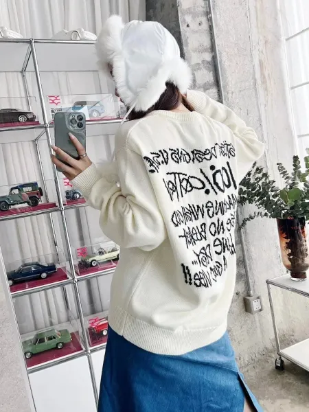 Off-White Knit Sweater with Back Graphic Print Cream - 5
