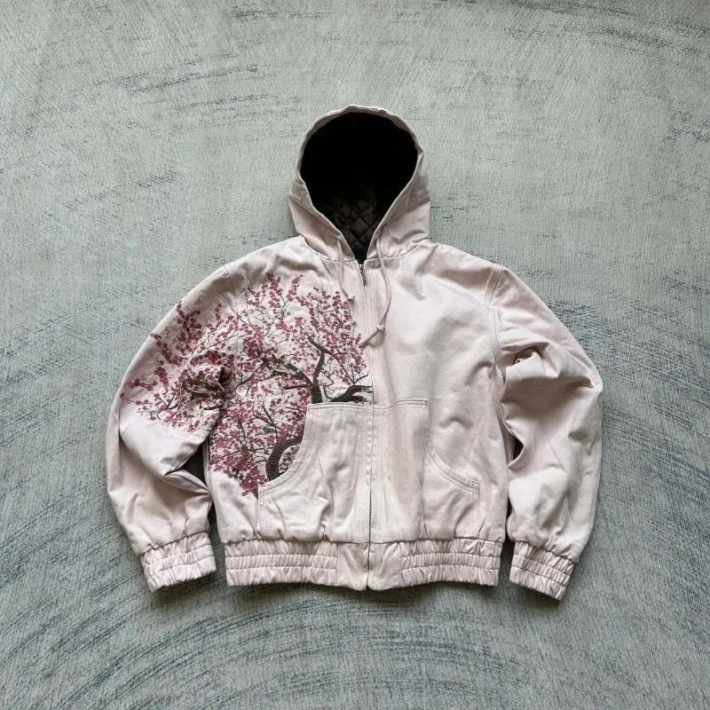 Design Cherry Blossom Print Hooded Jacket Beige Outerwear - 33