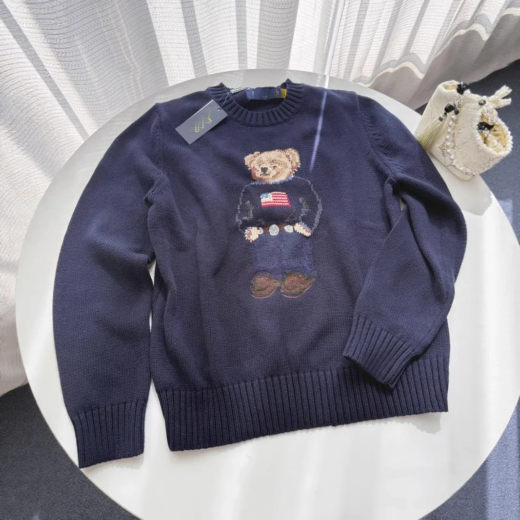 Bear's new autumn and winter pure cotton heavy embroidery cartoon round neck knitted sweater