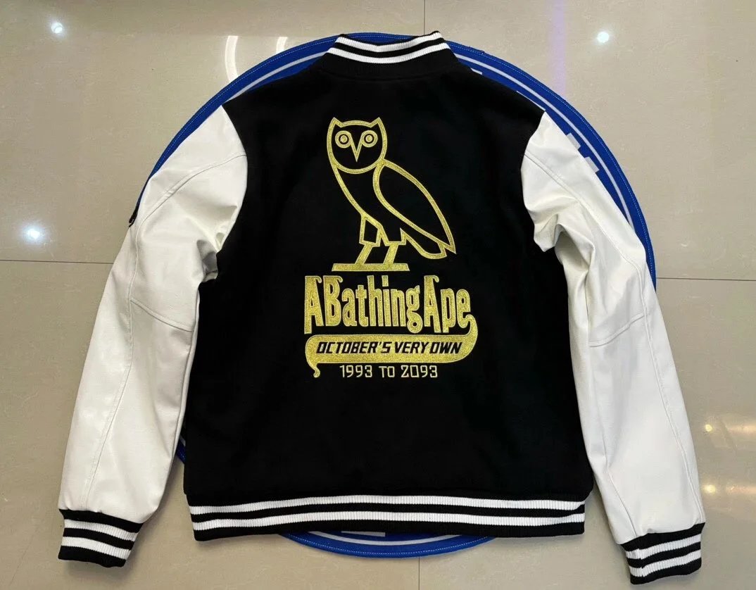 A Bathing Ape Owl Varsity Jacket Black and Beige Outerwear - 3