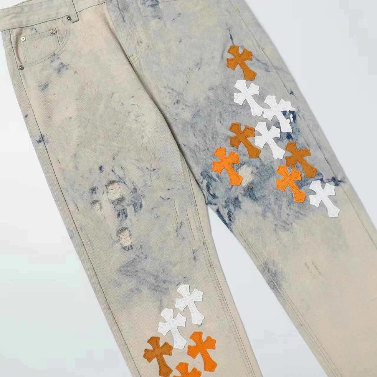 Cross Embroidery Washed Denim Jeans photo 8