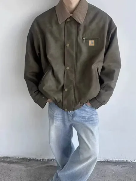 Carhartt Work In Progress Leather Jacket Olive Brown Corduroy Collar - 7