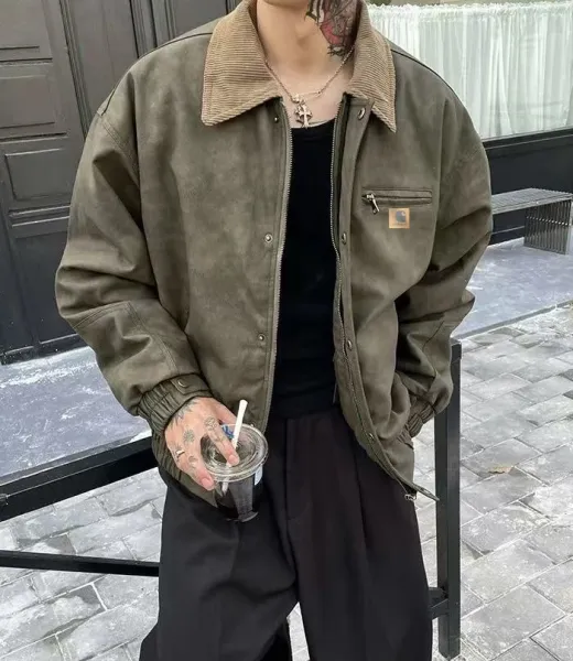 Carhartt Work In Progress Leather Jacket Olive Brown Corduroy Collar - 21