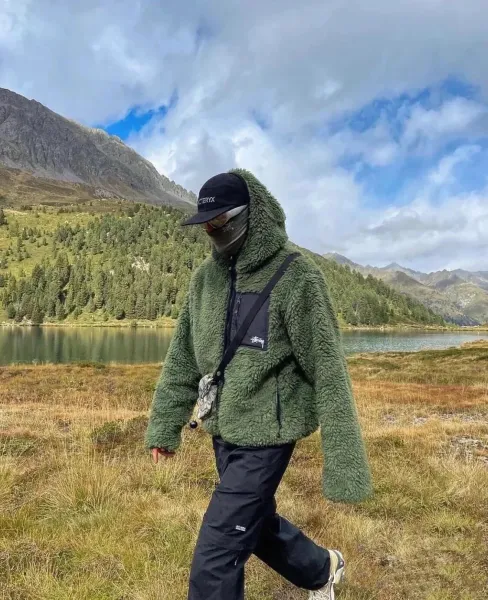 Stussy Fleece Sherpa Hooded Jacket Olive Green Outerwear - 4