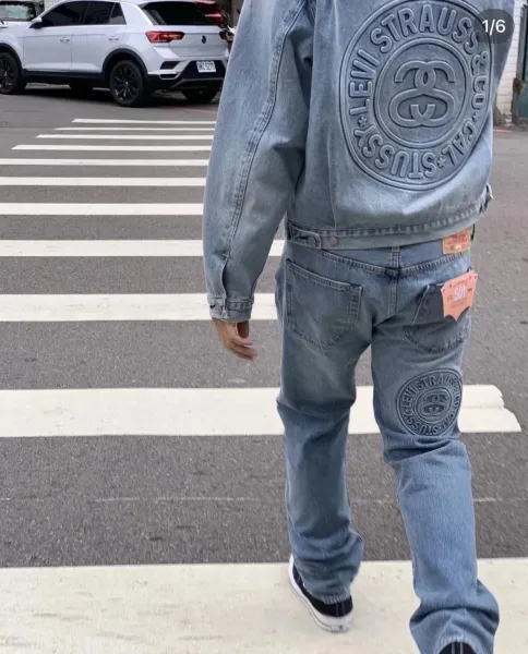 Stussy x Levi's Denim Jacket with Wool Lining and 8-Ball Graphic Gray Striped Outerwear - 4