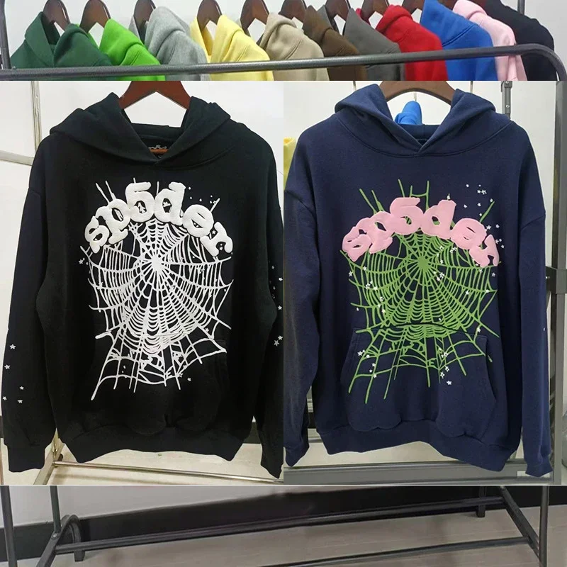 外贸原版重磅450G糕绒加厚卫衣发泡印蜘蛛网连帽衫Sp5der hoodies