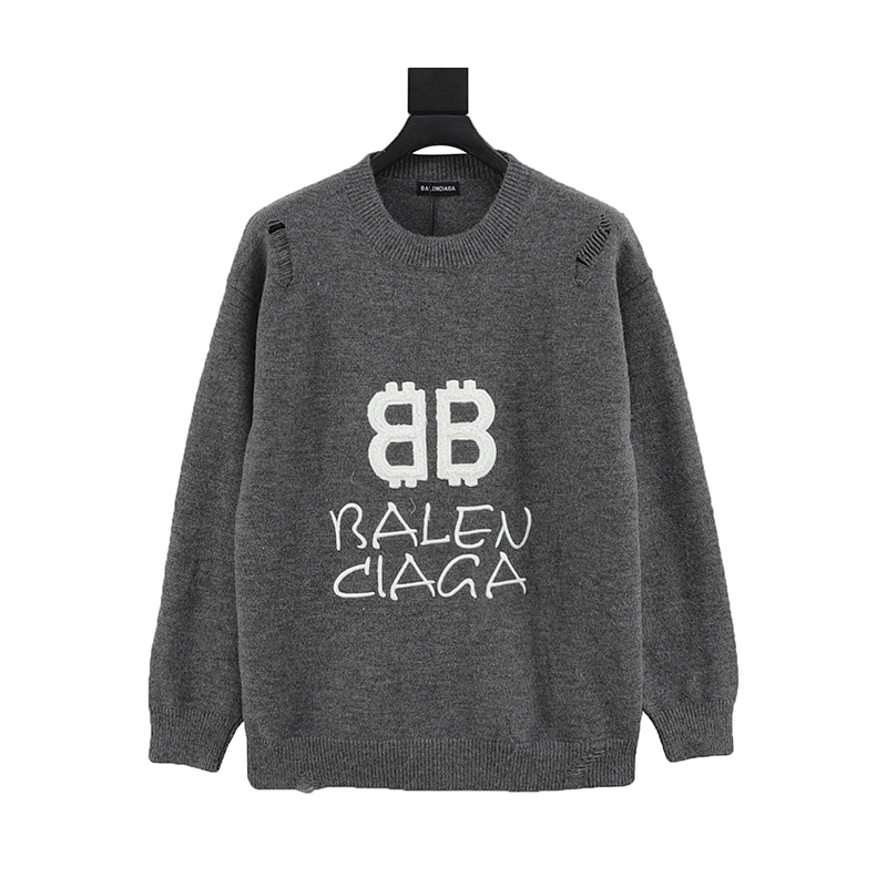 Balenciaga Double B Embroidered Knit Crewneck Sweater Gray product detail 2 in Litbuy spreadsheet finds