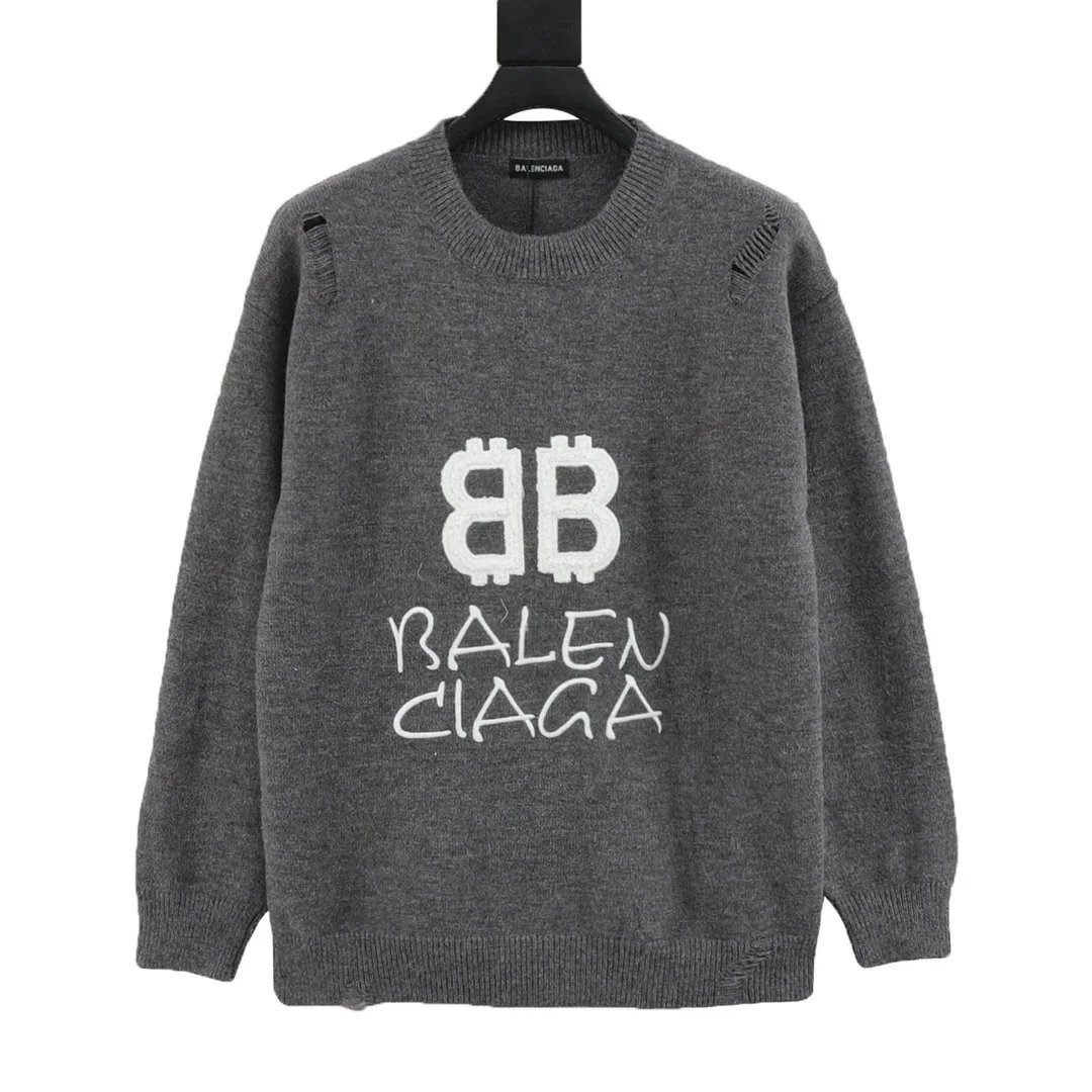 Balenciaga Double B Embroidered Knit Crewneck Sweater Gray - 5