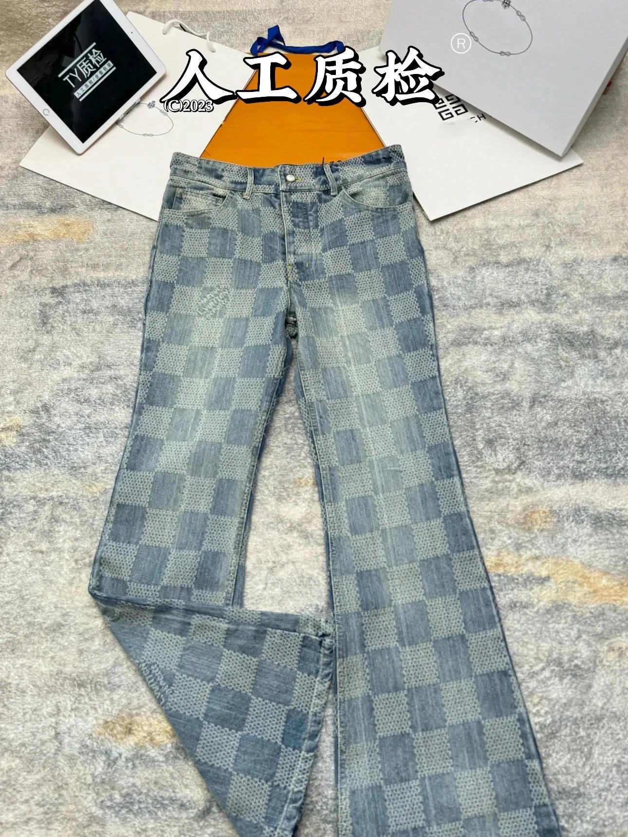 Monogram Checkerboard Embroidered Denim Jeans