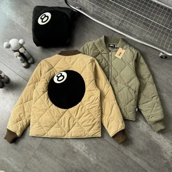 Stussy 8-Ball Quilted Bomber Jacket Beige and Olive Green Outerwear Jacket - 4