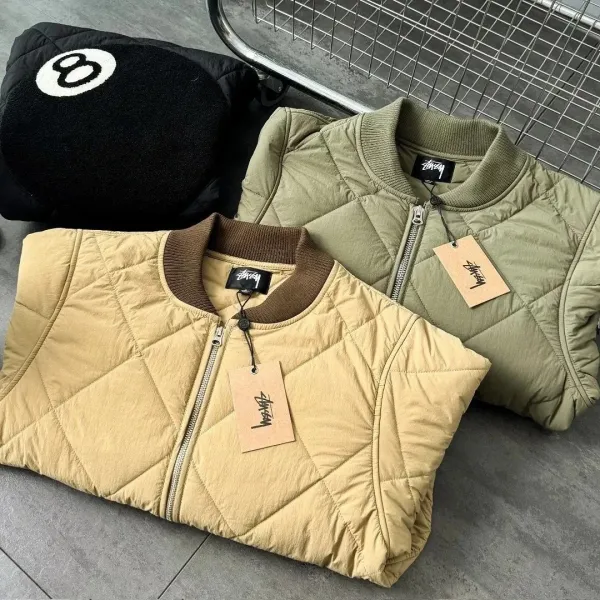Stussy 8-Ball Quilted Bomber Jacket Beige and Olive Green Outerwear Jacket - 6