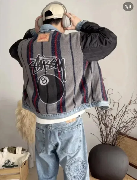 Stussy x Levi's Denim Jacket with Wool Lining and 8-Ball Graphic Gray Striped Outerwear - 5