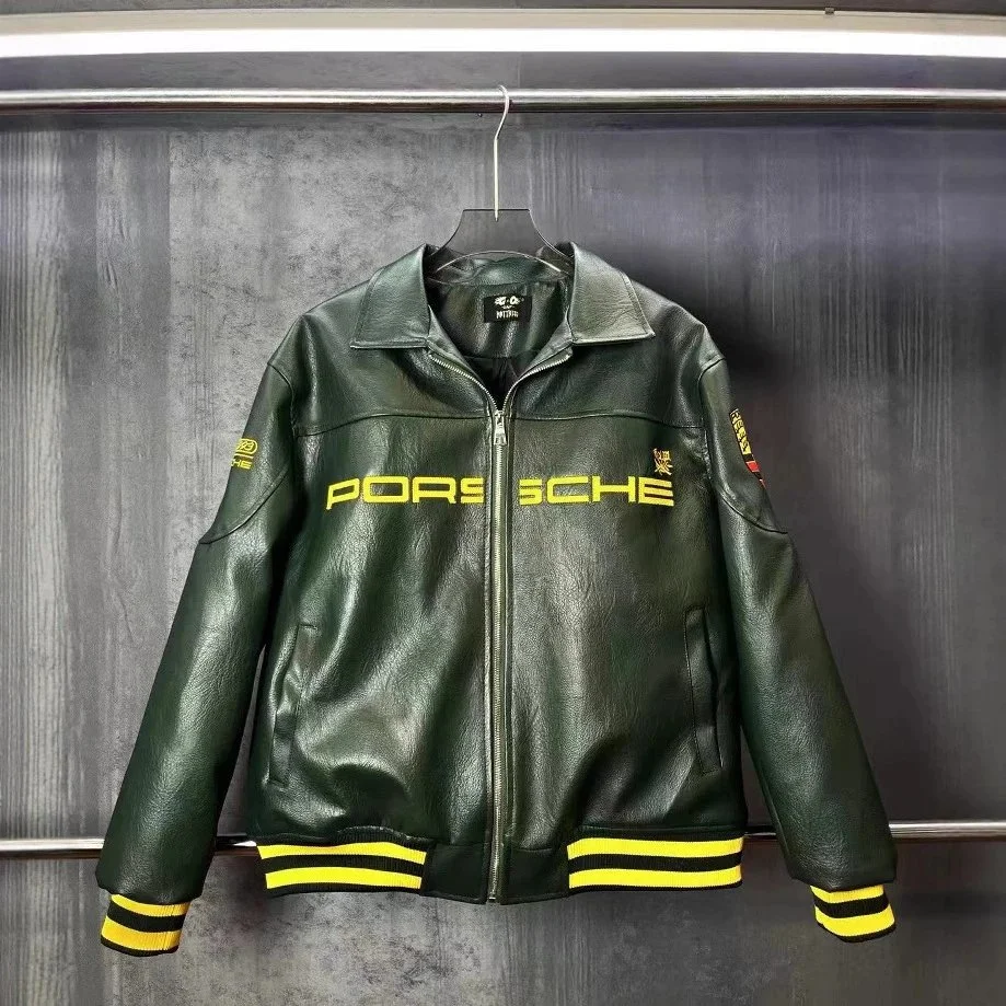 Aimé Leon Dore x Porsche Green Leather Varsity Jacket