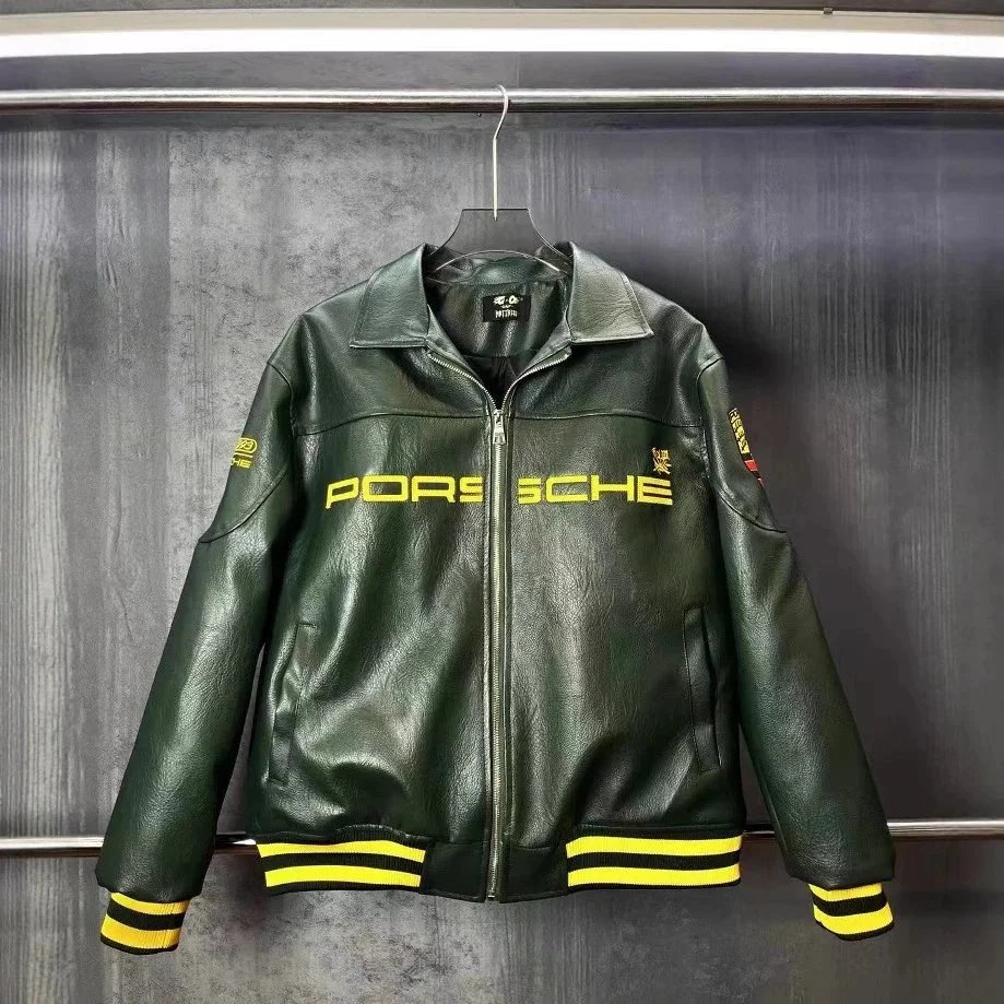 F1 embroidered racing suit standing collar striped zipper PU leather jacket plus size motorcycle leather jacket