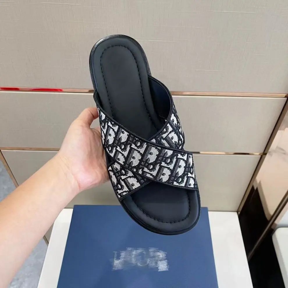 Dior Oblique Cross-Strap Slide Sandals Black - 7