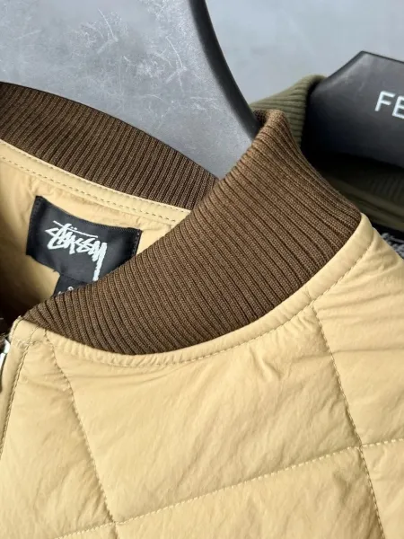 Stussy 8-Ball Quilted Bomber Jacket Beige and Olive Green Outerwear Jacket - 11