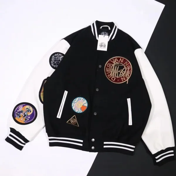 Stussy x Dries Van Noten Letter Pattern Embroidered Animal Patch Varsity Jacket Black Outerwear Jacket - 7