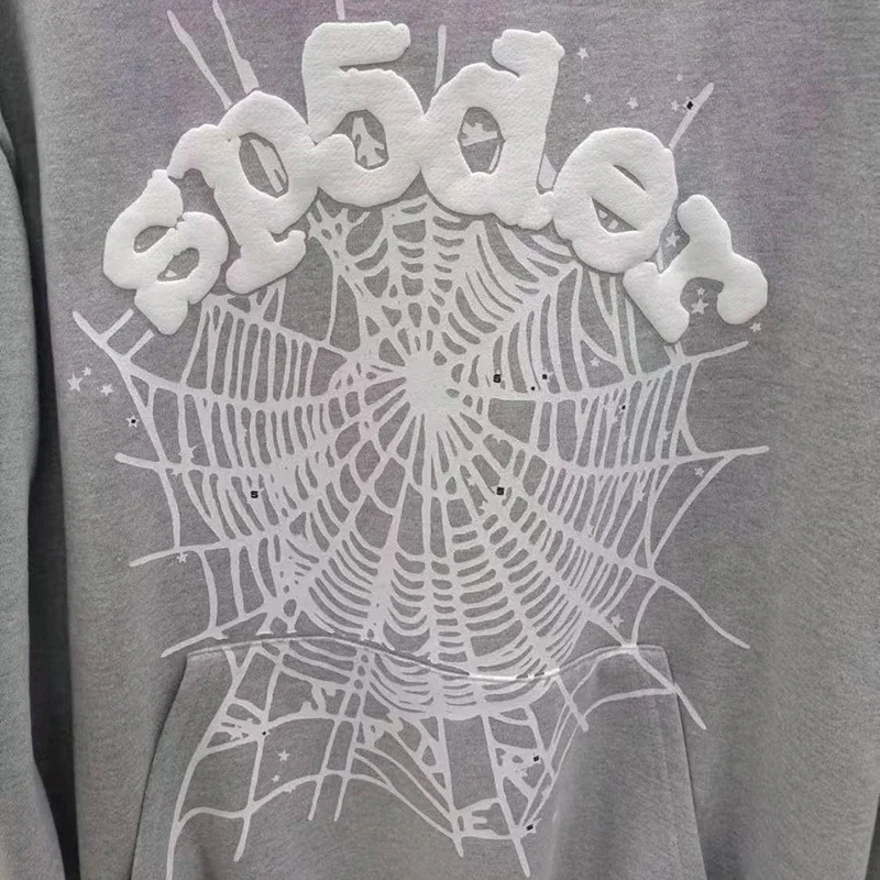 外贸原版重磅450G糕绒加厚卫衣发泡印蜘蛛网连帽衫Sp5der hoodies