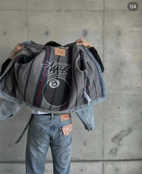 Stussy x Levi's Denim Jacket with Wool Lining and 8-Ball Graphic Gray Striped Outerwear - 7