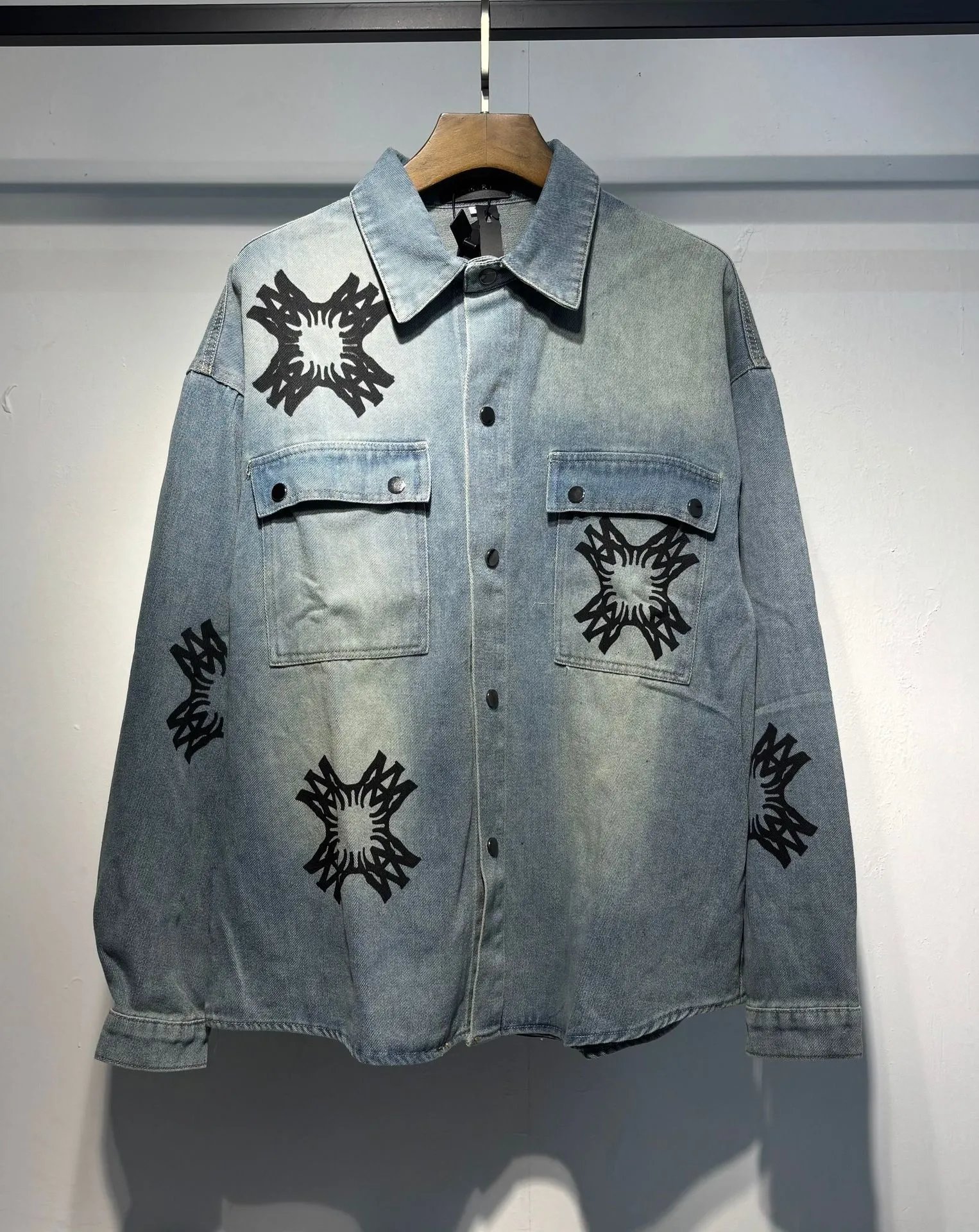 Denim Jacket with Abstract Star Motif Print Light Wash Denim-Jacket - 1