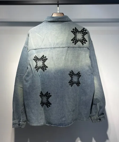 Denim Jacket with Abstract Star Motif Print Light Wash Denim-Jacket - 6