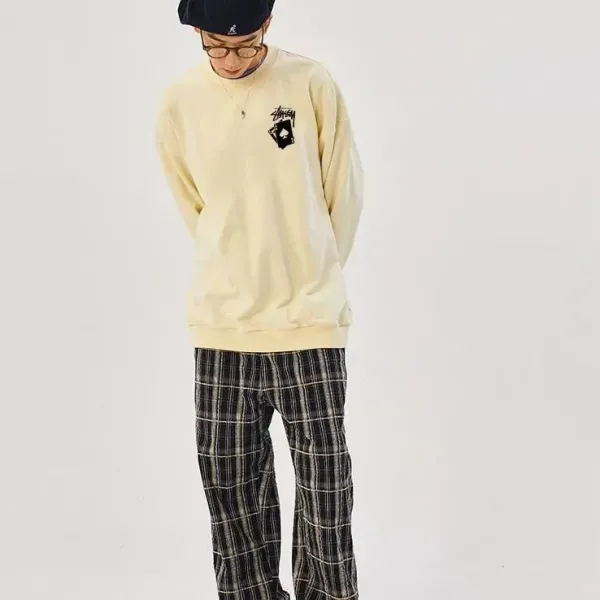 Stussy Logo Embroidered Cream Hoodie with Plaid Pants - 1