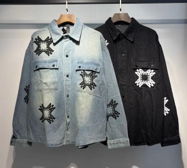 Denim Jacket with Abstract Star Motif Print Light Wash Denim-Jacket - 3