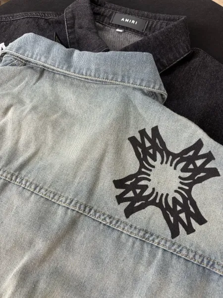 Denim Jacket with Abstract Star Motif Print Light Wash Denim-Jacket - 9