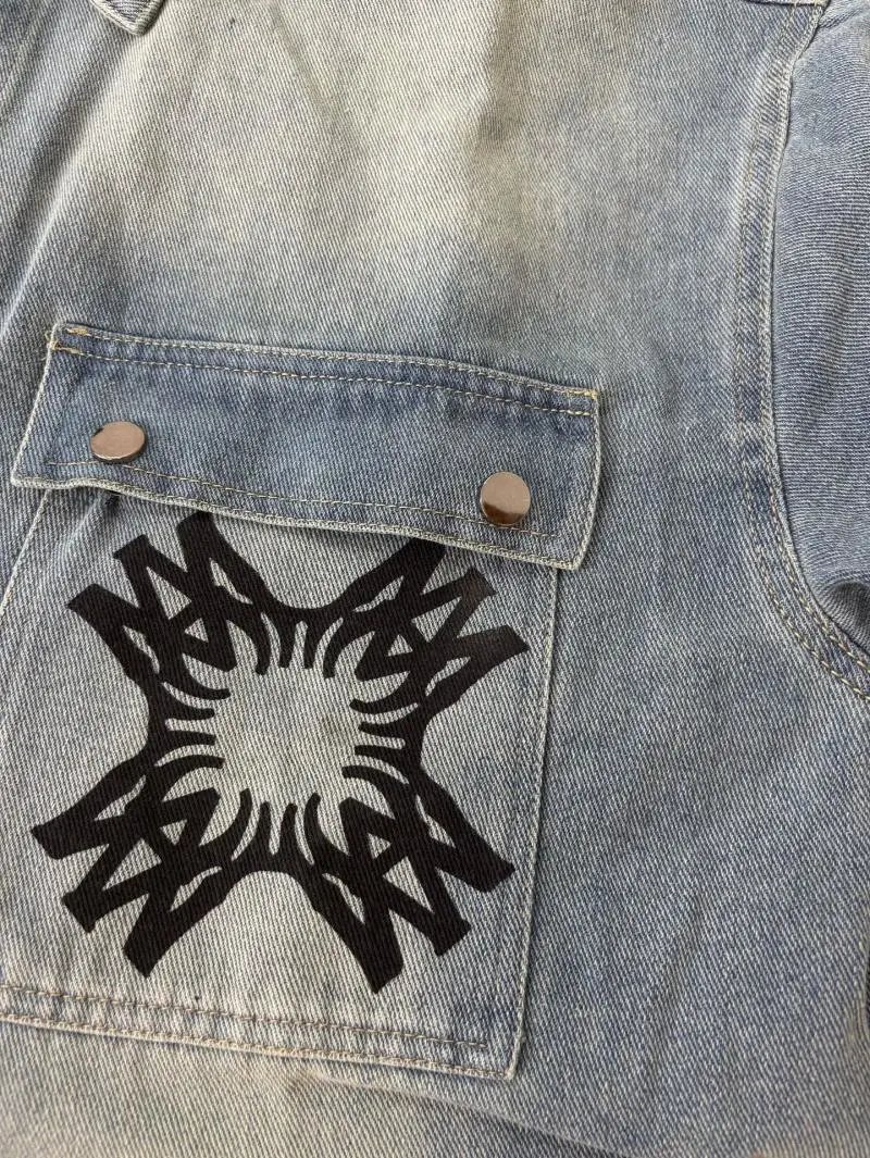 Denim Jacket with Abstract Star Motif Print Light Wash Denim-Jacket - 12