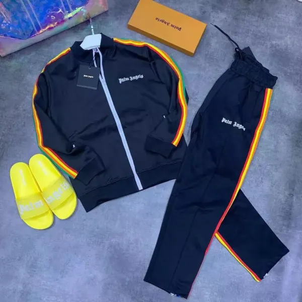 Palm Angels Rasta Stripe Track Jacket and Pants Set Black with Yellow Red Green Stripes Tracksuit - 1